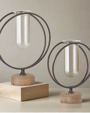 Glass Test Tube Vases in Round Metal Frame with Wood Bases (Sold Separately)