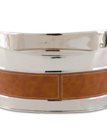 15" Silver with Brown Leather Oval Ice Bucket