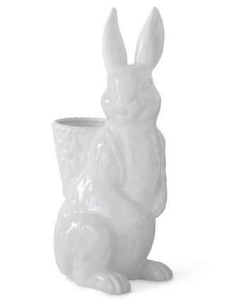 16" Glazed White Ceramic Easter Bunny with Backpack Basket