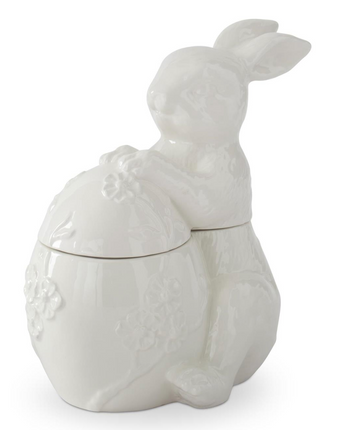 8.5" White Ceramic Flower Embossed Egg & Easter Bunny Container