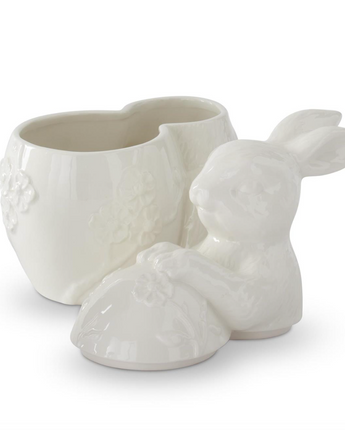 8.5" White Ceramic Flower Embossed Egg & Easter Bunny Container