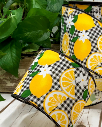 4" Linen Lemons Check Ribbon