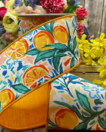 4" Dupioni Watercolor Abstract Oranges Ribbon