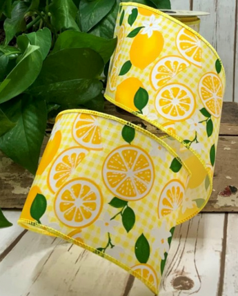 4" Linen Check Lemons Ribbon