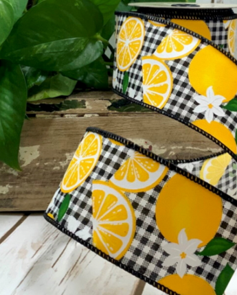 2.5" Linen Check Lemons Ribbon