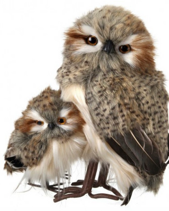 10.5" Standing Speckled Hoot Owl with Baby