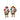 Two hanging Christmas ornaments shaped like festive Santa Claus figures in traditional European-style clothing, one with a red hat and green pants, the other with a tan hat and gray pants, both holding wreaths and gold bells, shown on a plain light background.