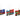 Three Christmas train ornaments in blue, red, and green, hanging side by side against a plain white background.