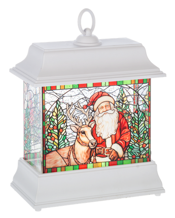 9" Stained Glass Santa with Deer Lantern